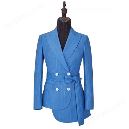 欧美新款双排扣不规则下摆蓝色戗驳领西服私人定制女装裤套装