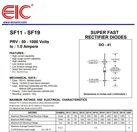 美国EIC代理SF13超高速整流二极管150V 1.0A