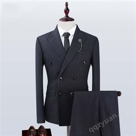 燕郊西服定制男士套装三件套修身竖条纹双排扣韩版礼服小西装
