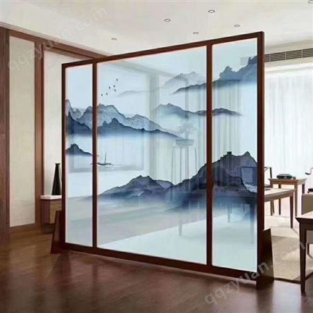 中式屏风画 山水夹丝玻璃 夹胶玻璃工艺 淋浴房窄边框平开门 格美特